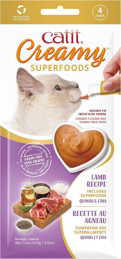 Catit Creamy Superfood Lickable Cat Treat – Hydrating and Healthy Treat for Cats of All Ages - Lamb with Quinoa & Chia, 4-Pack1