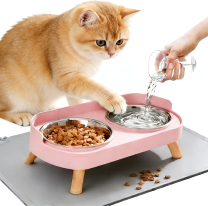 Elevated Cat Bowls with Food Mat, Splash Proof anti Vomiting Raised Cat Food and Water Bowl Set, 2 Stainless Steel Dishes for Cats and Puppy, Pet Bowl for Indoor Cats White9