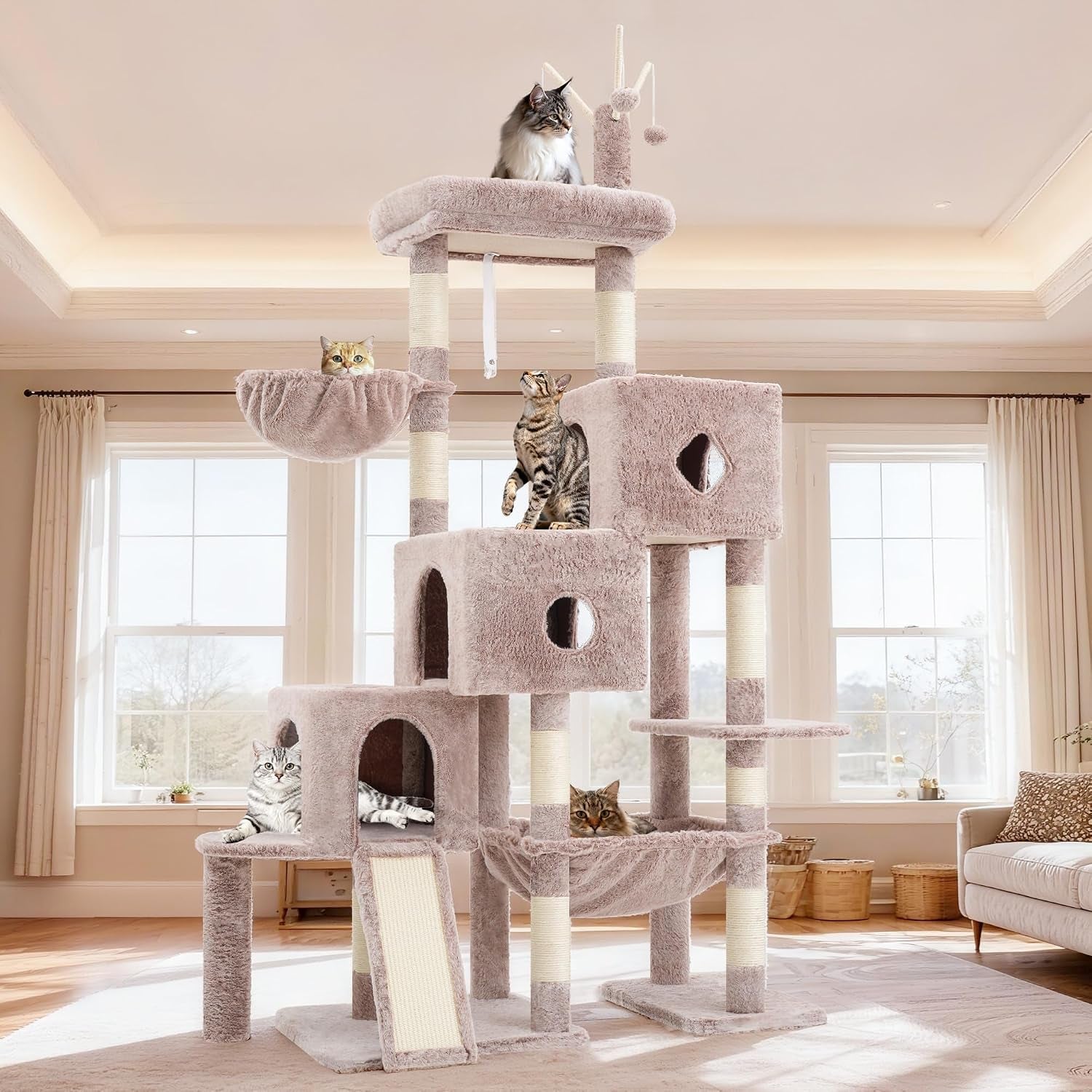 hey-brother-cat-tree-tower-with-3-condos-step-climbing-pathway-mpj081g-74-8-inches-scratching-post-with-3-house-hammock-large-basket-cozy-bed-sisal-board-toys-for-big-indoor-cats-smoky-gray