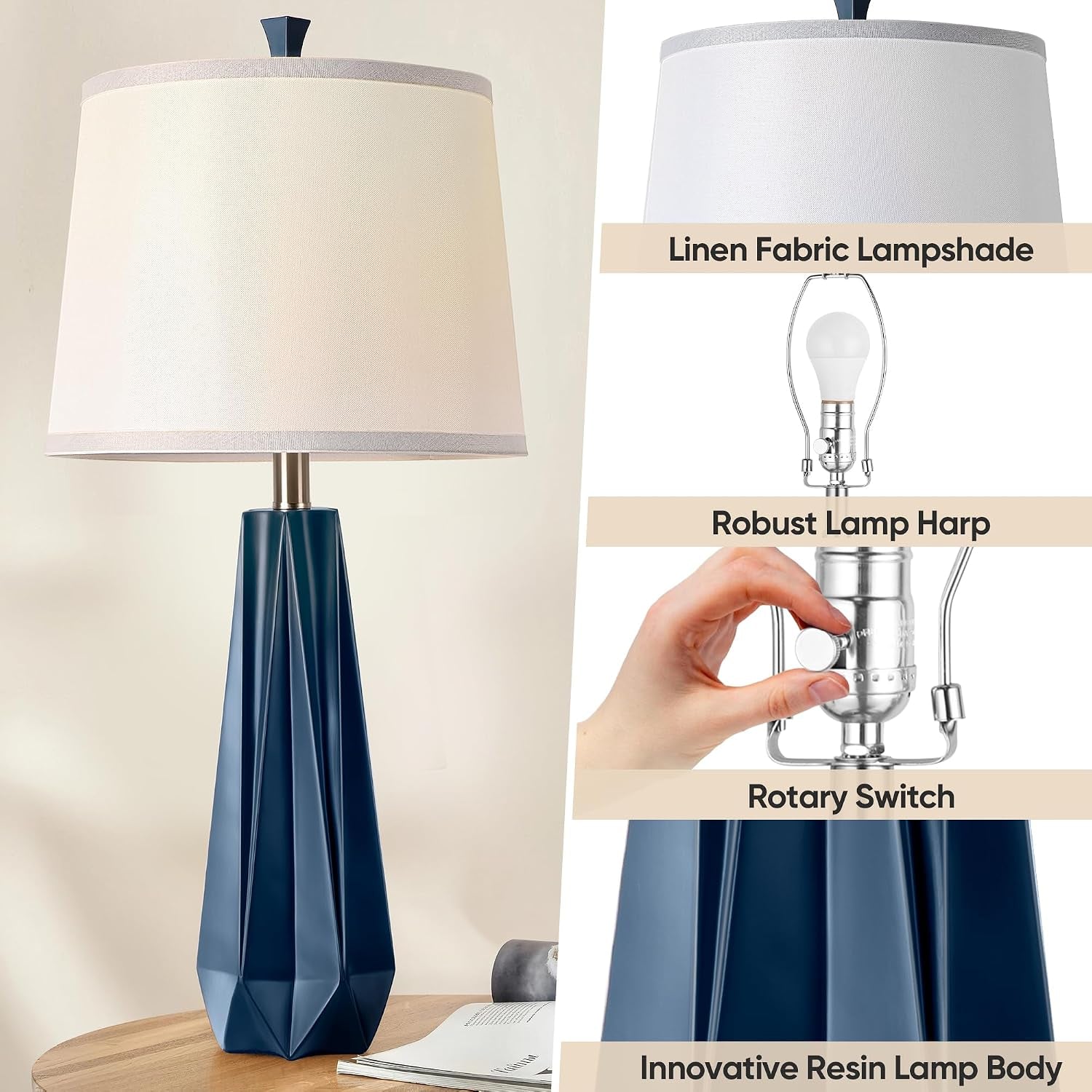 27-navy-blue-resin-table-lamps-desk-lamps-with-3-color-temperature-prism-shaped-lamp-body-rotary-switch-e26-base-with-linen-shade-desk-lamps-for-living-room-bedroom-2-bulbs-included