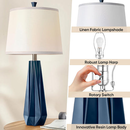 27'' Navy Blue Resin Table Lamps, Desk Lamps with 3 Color Temperature | Prism-Shaped Lamp Body, Rotary Switch, E26 Base, with Linen Shade, Desk Lamps for Living Room, Bedroom, 2 Bulbs Included4