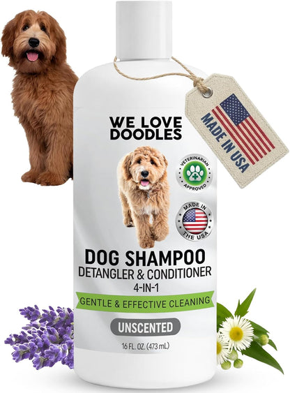 Dog Shampoo, Conditioner & Detangler, Hypoallergenic Tearless Lavender 16OZ | for Sensitive Itchy Skin, Best Shampoo for Smelly Dogs, Goldendoodle, Poodle & Doodle, Puppy Pet Wash Soap, USA Made, 4-In-113