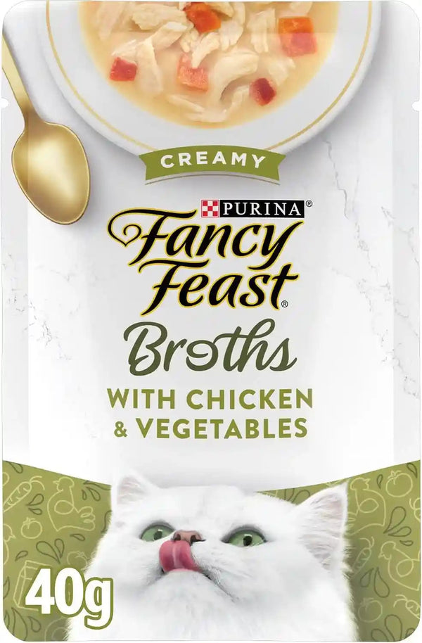 Purina Fancy Feast Broths Classic with Chicken and Vegetables Lickable Wet Cat Food Broth Topper, Pack of 16, 1.4 Oz Pouches4