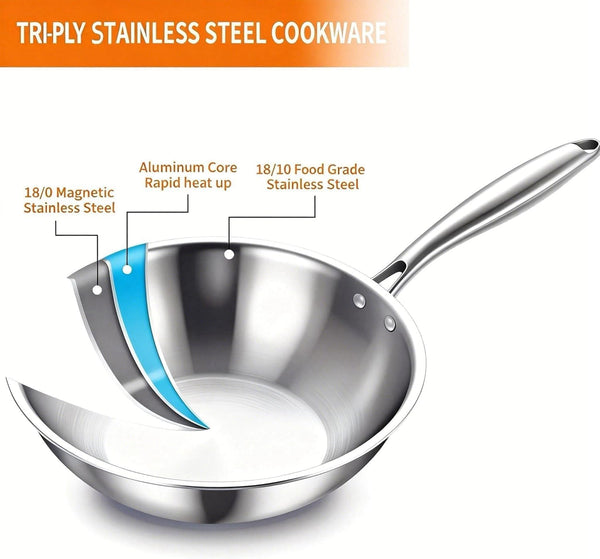 Woks & Stir-Fry Pans, 13 in Stainless Steel Pan with Lid, Large Cooking Surface, Tri-Ply Stainless Steel Wok Pan,High Side 3 Layer Stainless Steel Saute Pan, Wok for Induction Cooktop, 600℉2