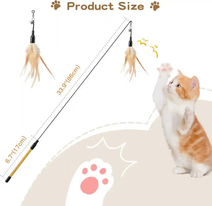 Pawaboo Feather Teaser Cat Toy - Interactive Wand with Extra Long 34.5" Wand and Small Bell, Fun Exerciser Playing Toy for Kittens or Cats, Brown Feather7
