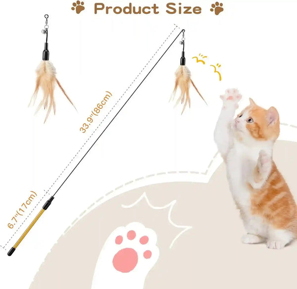 Pawaboo Feather Teaser Cat Toy - Interactive Wand with Extra Long 34.5" Wand and Small Bell, Fun Exerciser Playing Toy for Kittens or Cats, Brown Feather7