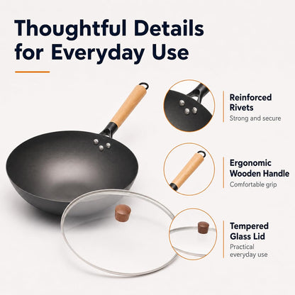 12.6" Carbon Steel Wok Pan, Flat Bottom Stir Fry Wok with Spiral Thread Interior, Coating‑Free Naturally Seasoning Wok, Compatible with Gas, Electric & Induction Cooktops9