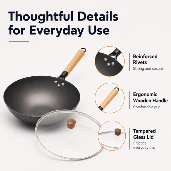 12.6" Carbon Steel Wok Pan, Flat Bottom Stir Fry Wok with Spiral Thread Interior, Coating‑Free Naturally Seasoning Wok, Compatible with Gas, Electric & Induction Cooktops9