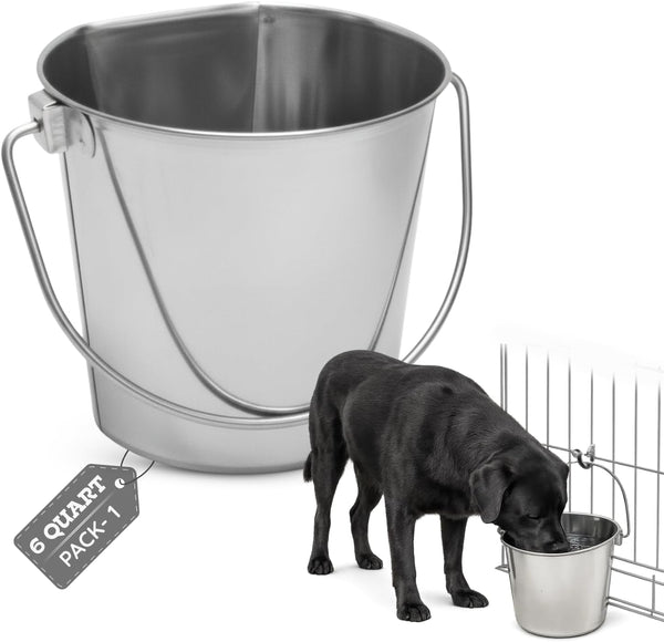 Stainless Steel Flat Side Bucket 1 Quart (0.25 Gallon)- Heavy Duty Hanging Food & Water Pail for Dogs, Cats, Birds, Kennel, Cages & Crates, Durable Rustproof Multi-Purpose Feeding Buckets10