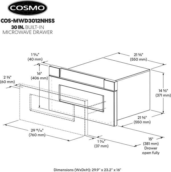 30 In. Haven Coll 1.2 Cu. Ft. Built-In Microwave Drawer, Stainless Steel |  COS-MWD3012NHSS Automatic Presets, Touch Controls,10 Power Levels, 1000W, Defrost Functions, Child Lock Function10
