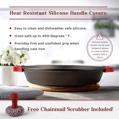 Cast Iron Skillet + Chainmail Scrubber Cleaner - 17"-Inch Dual Handle Braiser Frying Pan + Silicone Handle Covers - Pre-Seasoned Oven, Grill, BBQ, Stovetop, Fire Cookware - Indoor/Outdoor Use3