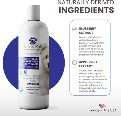 Lillian Ruff PRO Formula Berry Blue Brightening Pet Shampoo - Ultra-Hydrating Professional Whitening Dog Shampoo, Vivid Show-Quality Coat Enhancer, Tear Stain & Odor Eliminator with Provitamin B5 16Oz4