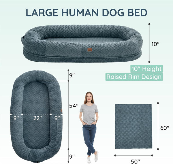 Chixnuggle Orthopedic Human Dog Bed,With Faux Fur Washable Cover,Blanket | Bluish Grey,72*40*10,Giant Dog Bed for Adult or Extra Large Dogs,Egg Crate Foam,Non-Slip Bottom3