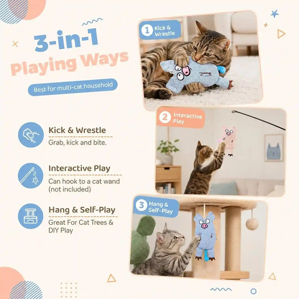 Cat Toys for Indoor Cats, 2 PCS 8000Mg A+Natural Catnip Silvervine Crinkle Interactive Cat Toy Pig with Bell Elastic Tail, Baby-Grade Plush Chew Toy for Teeth Cleaning, Cat Kickers for Boredom4