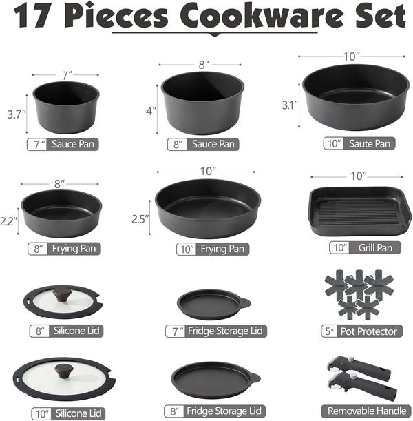17 Piece Nonstick Detachable Handle Pots and Pans Set Black | Removable Handle Cookware Set, Induction Cookware Set with Removable Handle, Healthy Non Stick for RV, Dishwasher ＆ Oven Safe2