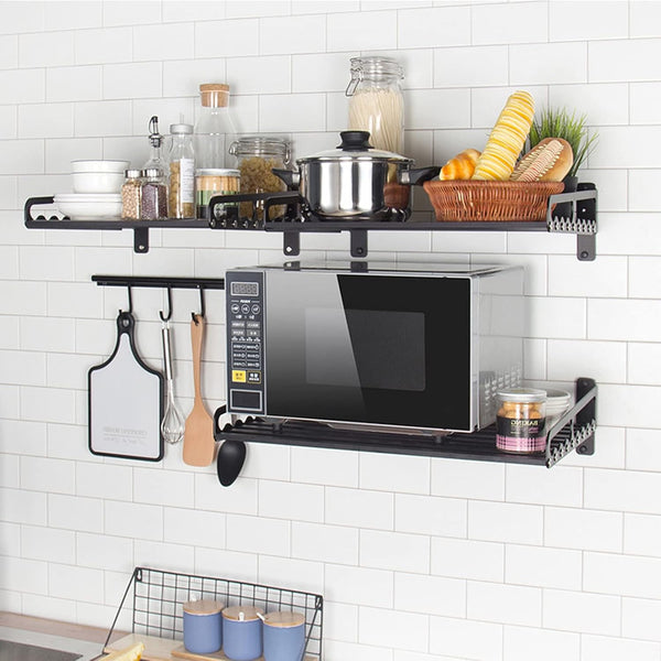 Microwave Oven Rack, 23.58"X15.52" Wall Shelf, Mounted Oven Bracket Holder, 80Ib Load Bearing, Household Commercial Microwave Rack for Dorm, Apartment, Kitchen, Bedroom, Black2