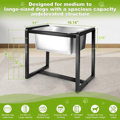Adjustable Height Elevated Large Dog Water Bowls with Stainless Steel Bowls and Metal Stand，4-Level (8/10/12/14 Inches) Pet Bowl for Dogs for Large Medium Dogs - Durable, Easy to Clean (2Gallon)3