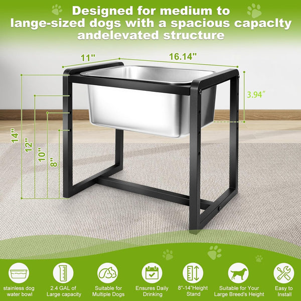 Adjustable Height Elevated Large Dog Water Bowls with Stainless Steel Bowls and Metal Stand，4-Level (8/10/12/14 Inches) Pet Bowl for Dogs for Large Medium Dogs - Durable, Easy to Clean (2Gallon)3
