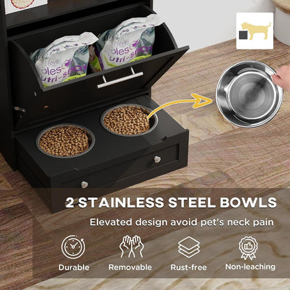 Pawhut Dog Feeding Station with Raised Bowls, Pet Feeder Station, Black | Dog Food Storage Cabinet, Hanger for Feeding & Watering Supplies3
