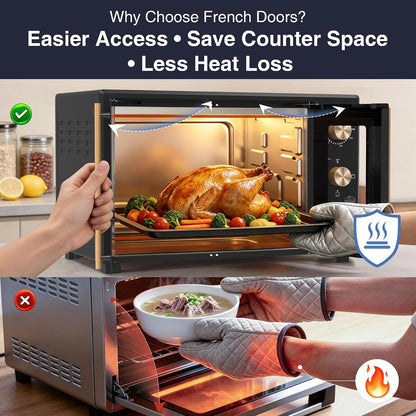 40.1QT XL French Door Countertop Oven, 1600W Extra Large Toaster Oven with 3 Intuitive Knobs, Infared Even Heating for 12" Pizza & Whole Chicken, Easy to Use, Stainless Steel (Black)4