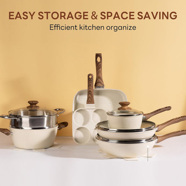 17-Piece Nonstick Cookware Set, Pfas-Free, Induction, Cream White | Dishwasher Safe, Detachable Stay-Cool Handles, Vented Glass Lids, Fits Gas & Ceramic Stovetops, Lightweight & Compact8
