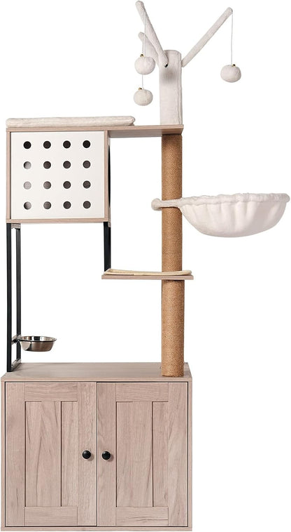 Cat Tree & Litter Box Enclosure,Modern All-In-One Indoor Cats Tower with Large Platform, Cat Condo with Wood House, Food Station, Hammocks (23.6”)8