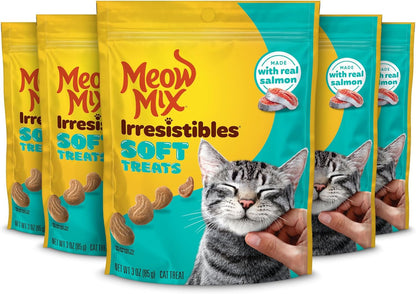 Meow Mix Irresistibles, Soft Cat Treats Made with Real Salmon, 5 Pouches | 3-Oz Bags, Treats Have a Soft, Tender Texture That’S Deliciously Moist, for Training and Everyday Treating1