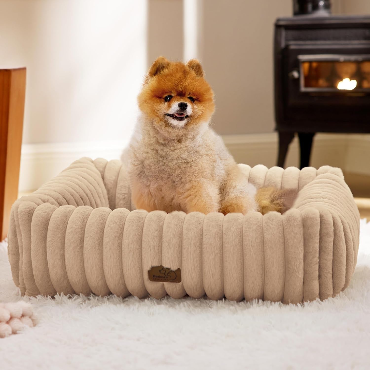 bedsure-comfyfleece™-cute-dog-bed-for-small-medium-dogs-washable-25in-cream-furry-puppy-beds-square-rectangle-orthopedic-corduroy-aesthetic-pet-beds-removable-zipper-cover-non-slip-bottom-up-to-15-lbs