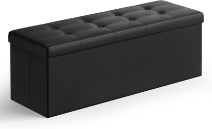 SONGMICS MAZIE Collection - 43 Inches Folding Storage Ottoman Bench, Ottoman with Storage, Foot Rest Stool, Load 660 Lb, for Living Room, Synthetic Leather, Black ULSF7011