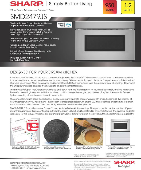 SMD2479JS 24 In. 1.2 Cu. Ft. Built-In Smart Microwave Drawer Oven | Easy Wave Open, 24-Inch, 1.2 Cubic Feet, 950 Watt, Works with Alexa Certified14