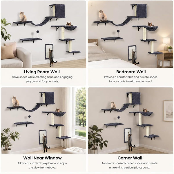 Cat Wall Shelves, Space-Saving Wall-Mounted Cat Climbing Set for Large Cats | Multi-Level Climbing System, Wall Furniture, Bed, Steps, Hammock, Wall Scratcher, Indoor Cat 40 Lbs Small Place Corner Room7
