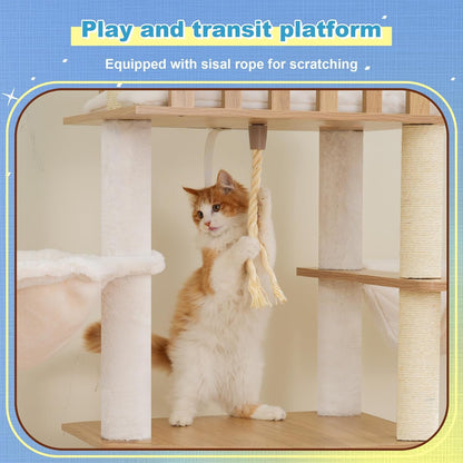 Hey-Brother Wooden Cat Tree, Furniture Tower with Large Platforms, MPJ121BT | 69.7 Inch, Modern Full Sisal Scratching Posts, Hammocks, Spacious Condo, Ladder, Brush, Water Proof Surface, White Oak4