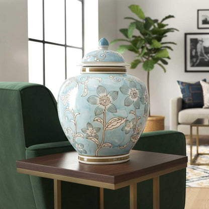 Light Blue and White Floral Chinoiserie Ginger Jar 10" with Lid - Ginger Jar, Tea Storage, Decorative, Home Decor Jar1