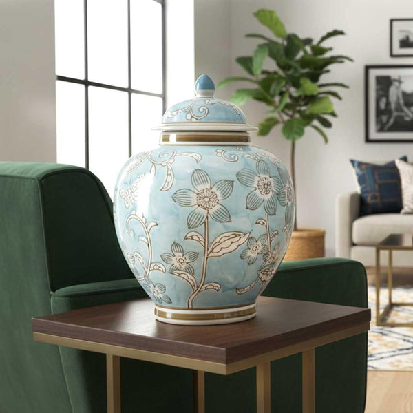 Light Blue and White Floral Chinoiserie Ginger Jar 10" with Lid - Ginger Jar, Tea Storage, Decorative, Home Decor Jar1