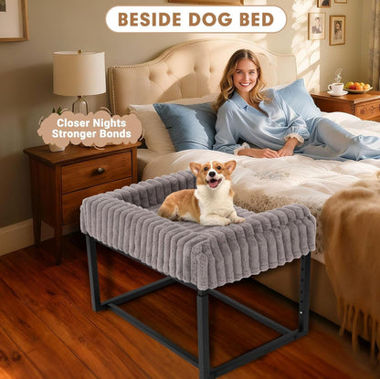 Bedside Dog Bed Adjustable Elevated Bunk Lounge Dog Bed Attach to Human Bed | Dog & Cats Window Perch, 25"X18" Metal Frame Pet Bedside Co-Sleeper with Thick Supportive Cushion Mattress & Washable Cover3
