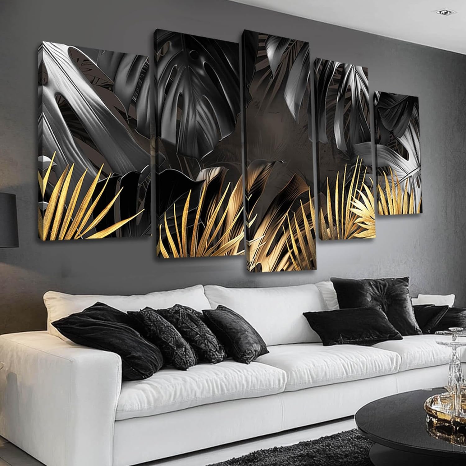 black-and-gold-leaves-painting-wall-decor-for-living-room-nature-canvas-art-modern-artwork-framed-prints-for-home-bedroom-picture-poster-5-pieces-ready-to-hang-12x20x2pcs-12x28x2pcs-12x32