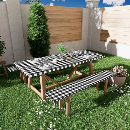 6FT Picnic Table Cover with Bench Covers, Elastic Fitted Tablecloth | Waterproof Washable Rectangle Tablecloths ,Buffalo Plaid Tablecloth for Dining, Camping, Outdoor (Black & White, 30" X 72")8