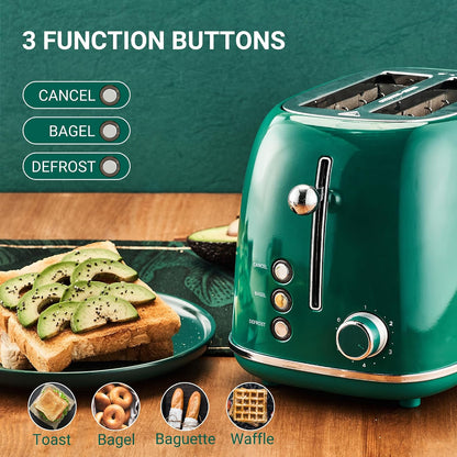 2 Slice Toaster Retro Stainless Steel with Bagel, Cancel, and Defrost Functions, 6 Bread Shade Settings, Extra Wide Slots and Removable Crumb Tray, Green6