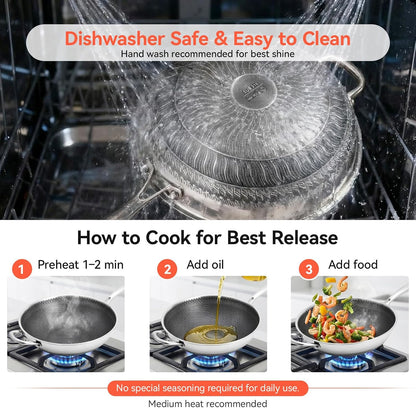 Stainless Steel Wok Pan with Lid, 12.6 Inch Honeycomb Hybrid Nonstick Stir Fry Pan, Tri-Ply Clad Skillet for Induction Electric Gas Stove, Dishwasher Safe, No Seasoning Needed (Serves 3-4)5
