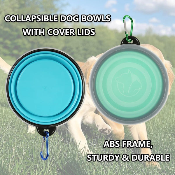 SLSON Collapsible Bowl with Cover Lids,2 Pack Dog Travel Bowls Portable Foldable Cat Water Dish Bowl for Pets Walking Parking Camping (Light Blue and Green, Small)5