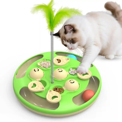 3 in 1 Cat Treat Puzzle Feeder, Level 3 Interactive Cat Puzzle Toy with Track Balls, Feather Teaser & Slow Feeder Insert, Non-Slip Base, Mental Stimulation for Bored Indoor Cats, Blue9