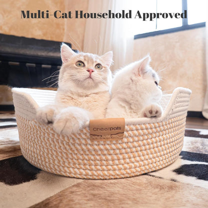 CHEERHOME PETS Cat Bed Basket with Cushion, Cotton Rope Woven Pet Bed for Indoor Cats Couch, Stimulicat Cat Bed Handwoven Breathable, All Season Universal (White)6