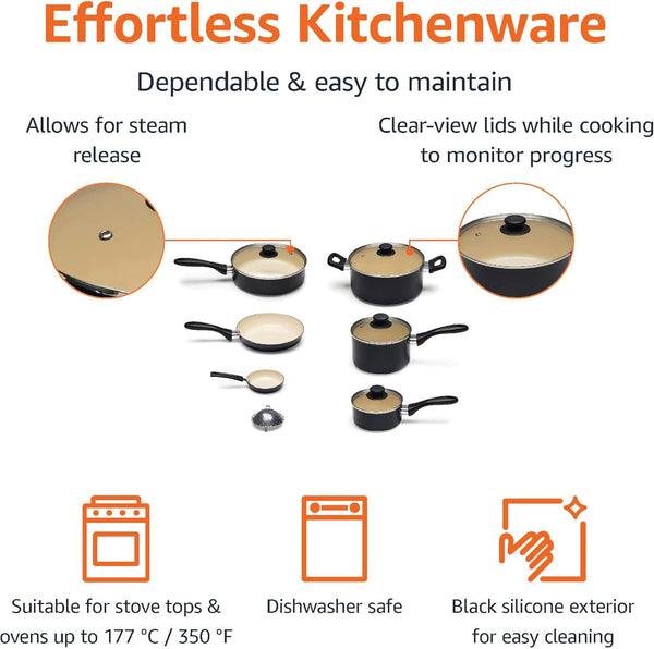 11-Piece Ceramic Non-Stick Pots and Pans Set, Dishwasher & Oven Safe, Easy Clean, Glass Lids, Black/Cream3