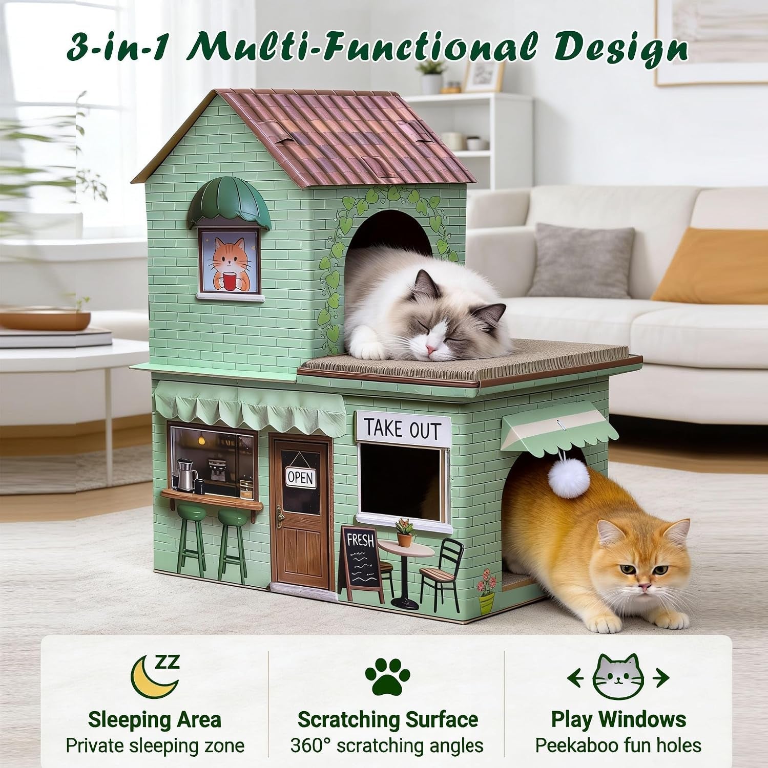 cardboard-cat-scratcher-house-double-layer-coffee-shop-design-sage-green-5-layer-corrugated-window-cutouts-4-scratching-boards-plush-ball-catnip-indoor-multi-cat-house-for-cats-up-to-20-lbs