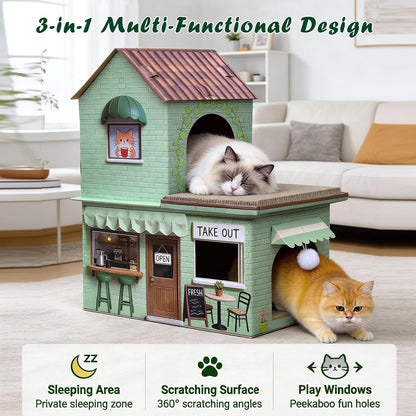 Cardboard Cat Scratcher House, Double Layer Coffee Shop Design, Sage Green, 5-Layer Corrugated, Window Cutouts, 4 Scratching Boards, Plush Ball & Catnip, Indoor Multi Cat House for Cats up to 20 Lbs3