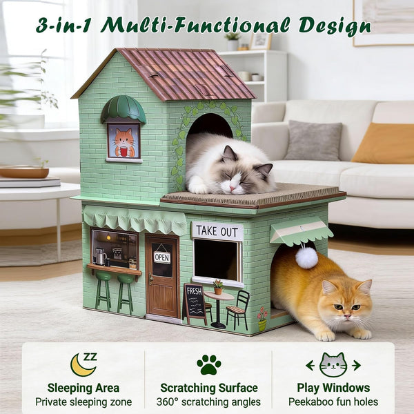 Cardboard Cat Scratcher House, Double Layer Coffee Shop Design, Sage Green, 5-Layer Corrugated, Window Cutouts, 4 Scratching Boards, Plush Ball & Catnip, Indoor Multi Cat House for Cats up to 20 Lbs3