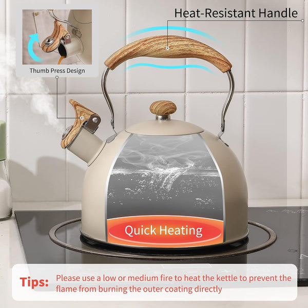 Tea Kettle for Stove Top | 2.5 Quart Whistling Tea Kettle, with Food Grade Stainless Steel and Wood Pattern Folding Handle, Creamy White3