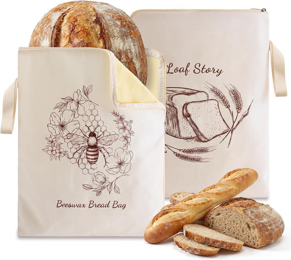 Beeswax Sourdough Bread Bags with Wide Zipper Access, 2 Pack XL 13" X 17" Reusable Linen Cotton Bread Bags for Homemade Bread, Helps Maintain Crust & Freshness (Double-Sided Print Design)1
