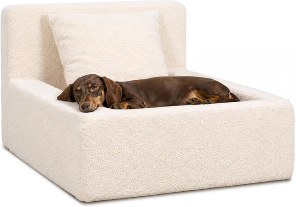 Boucle Dog Bed with Pillow, Furniture Style Dog Couch with Backrest, Washable Calming Pet Sofa Lounge for Small Medium Dogs, Beige1