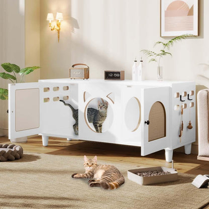Anwick Cat Litter Box Enclosure Cabinet Furniture | Modern 2-In-1 Wooden Cat House Cabinet with Storage Hook and Scratch Board,White5
